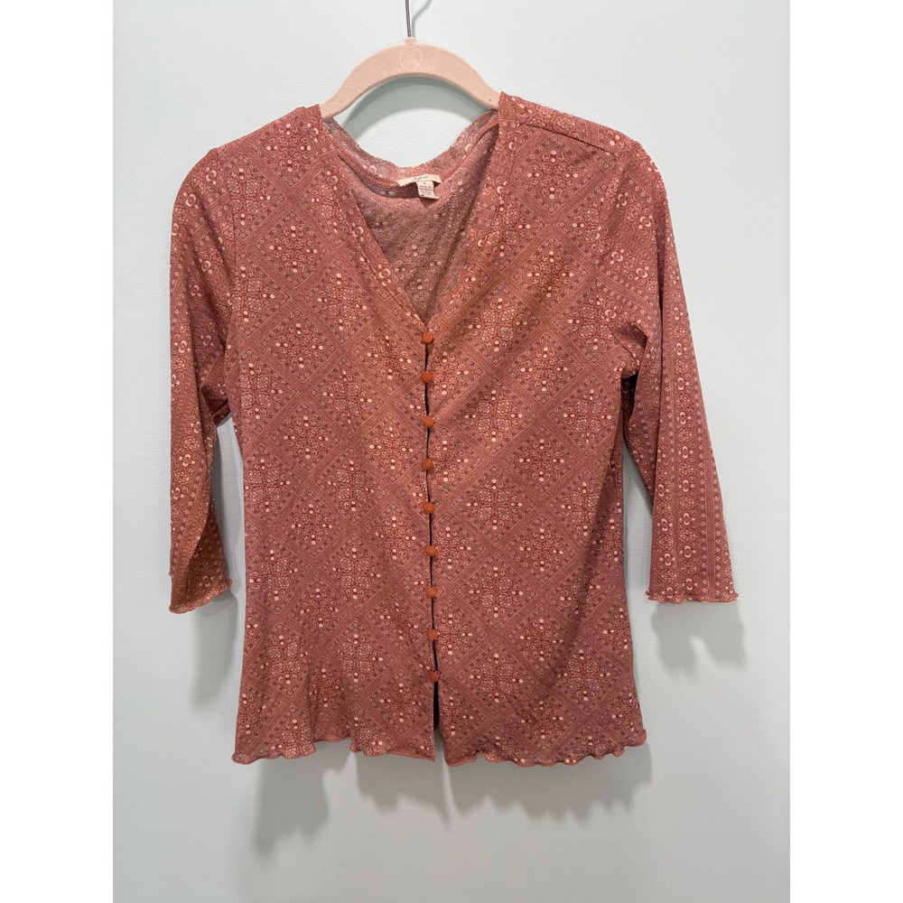 J. Jill Women Rust Geometric Button Front Top 3/4 Sleeve